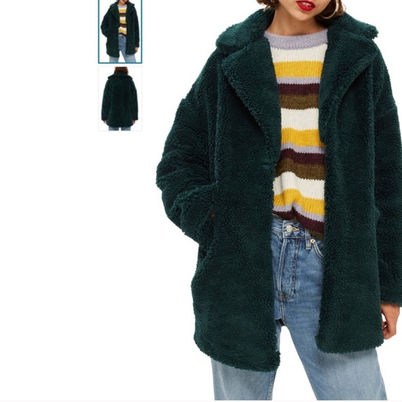 Topshop Jackets & Blazers - [Topshop] Green Fuzzy Teddy Longline Coat, Size 8